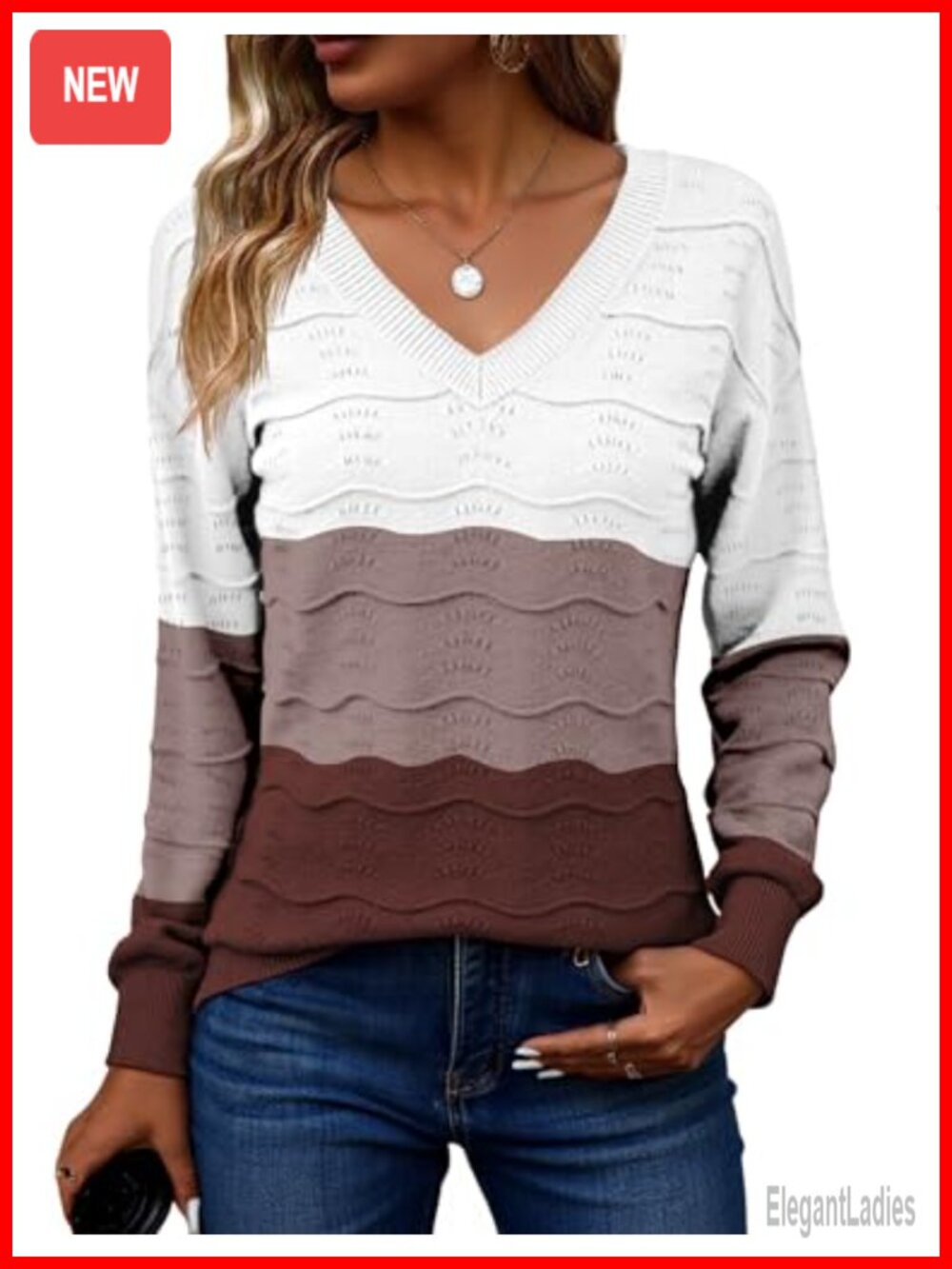 Women's Crochet Ribbed Knit V-Neck Pullover Sweater Long Sleeve